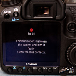 Err 01 message on a Canon 50D