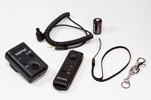 components: receiver, transmitter, camera cable, battery, wrist strap and clip