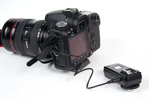 Canon 50D camera and Strato transmitter connected via PC Sync cable
