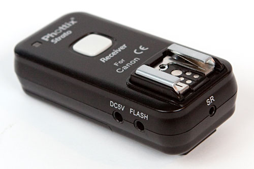 Strato receiver, showing socket for external power supply (DC5V), PC sync socket (FLASH), and shutter release socket (SR)