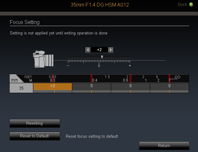 applying focus adjustments: adjustment of +2 at 0.3 metres
