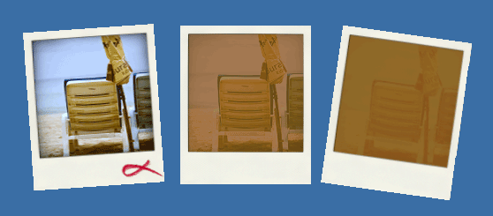 developed Polaroid at left, centre and right show Polaroids at various stages of developing