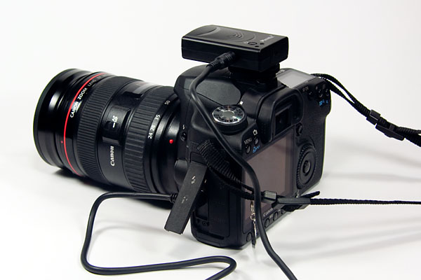 receiver mounted on the hotshoe of a Canon 50D for wireless operation