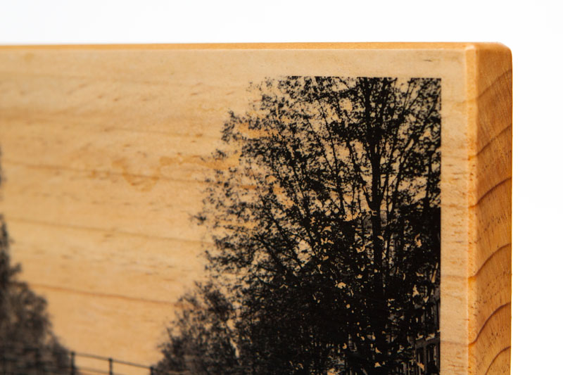 close up of corner, showing image detail in the wood print