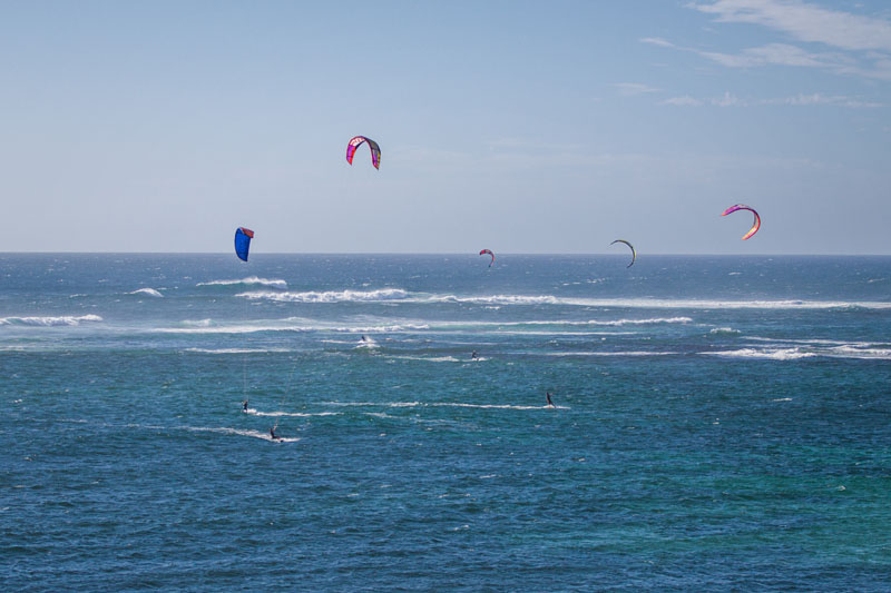 numerous kite surfers enjoying the wind and waves